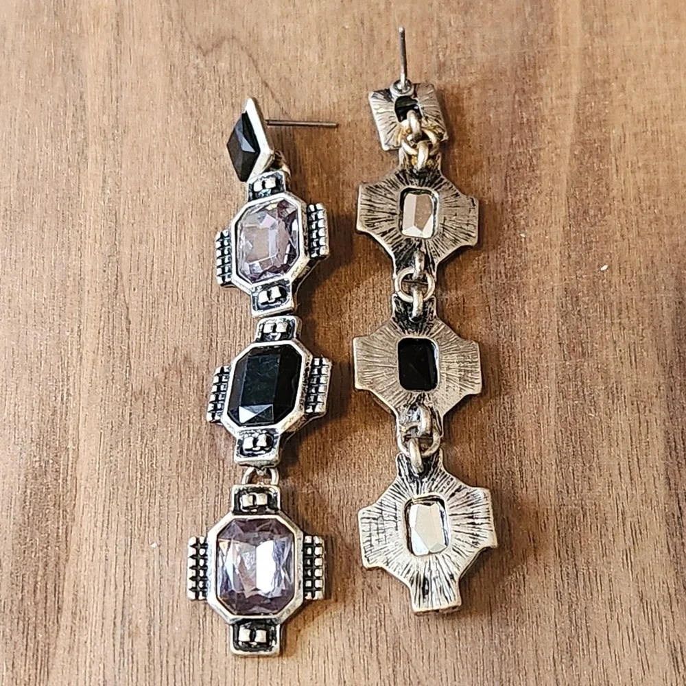 Black Lavender Crystal Art Deco Drop Earrings Silver Tone Geometric‎ 2.75